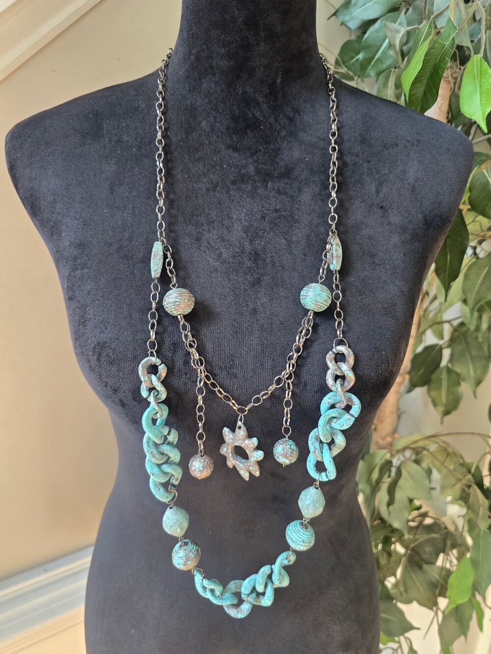 Turquoise Blue Beaded Multi Strand Charm Statement Necklace